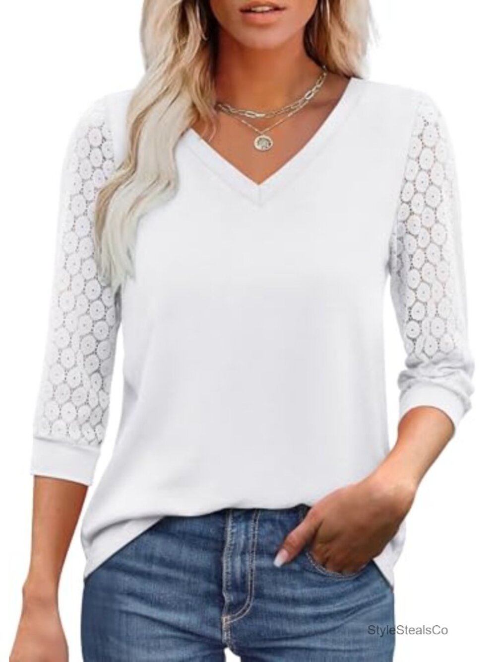 3/4 Sleeve Lace Tunic Top V-Neck Business Casual Work Blouse